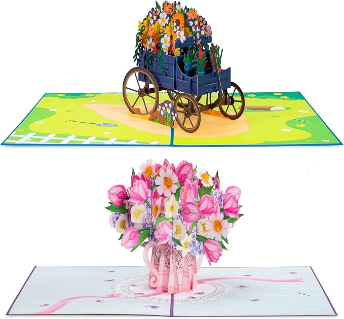 Paper Love Pop Up Cards 2 Pack - Includes 1 Flower Wagon and 1 Flower Watering Can, For All Occasions, Mother Day, Birthday, Just Because- Includes Envelope and Note Tag