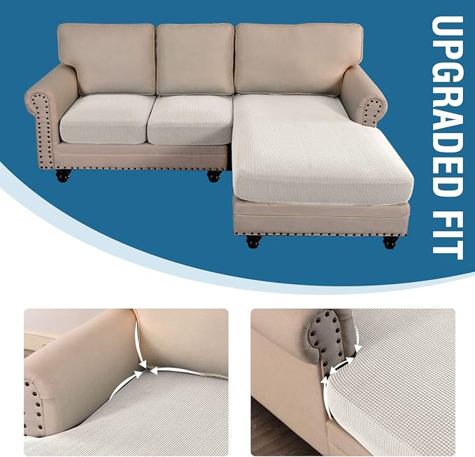 H.VERSAILTEX Sectional Couch Covers 3 Pieces Sofa Seat Cushion Covers L Shape Separate Cushion Couch Chaise Cover for Both Left/Right Sectional Couch (Seat Only: 1 Chaise + 2 Sofa, Ivory)