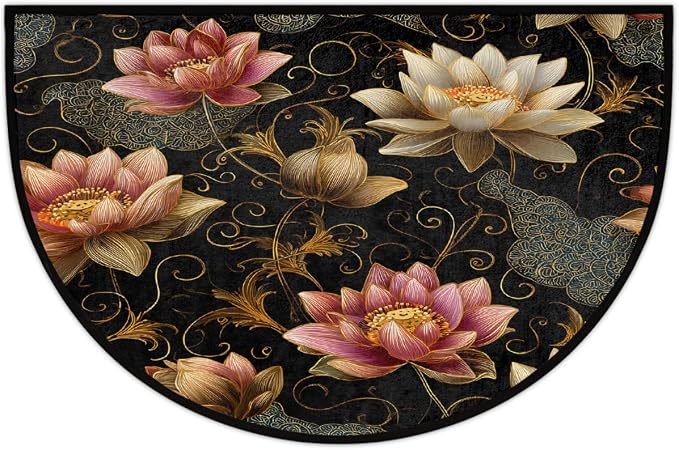 Ethnic Lotus Half Round Door Mat Non Slip Half Circle Rugs | Flower Art Washable Half Moon Rug Semi Circle Rugs Indoor Entrance Floor Carpet for Kithen Bedroom Fireplace Decor