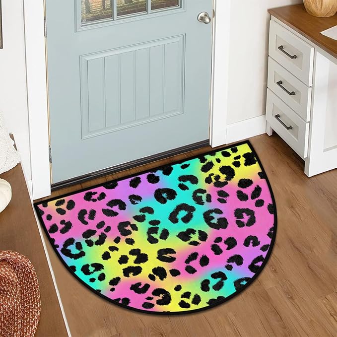 Leopard Half Round Door Mat Semi Circle Rug Half Moon Doormat | Soft Washable Neon Psychedelic Welcome Entrance Mat for Outdoor Indoor Floor Bedroom Bathroom Home Kitchen Festival Decor