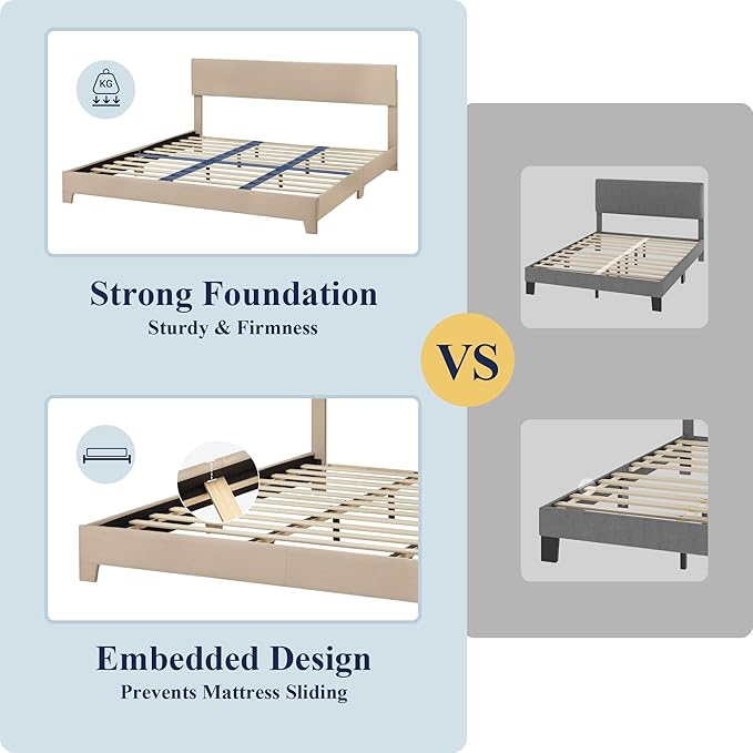 Allewie King Size Upholstered Bed Frame Adjustable Headboard, Beige | Platform Bed with Heavy Duty Mattress Foundation, Noise-Free, Easy Assembly, Wood Slat Support, No Box Spring Needed