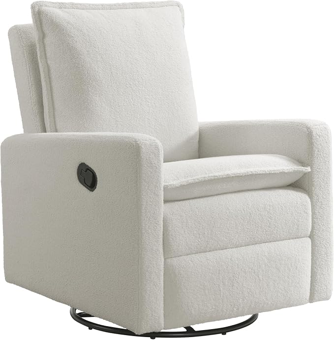 Oxford Baby Uptown Upholstered Glider Recliner Rocking Chair 360° Swivel for Nursery and Living Room - Boucle White, Green Guard Gold Certified