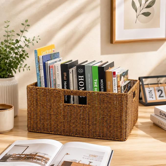 Waterproof Wicker Storage Basket with Handles, Large, Brown | 15 x 11 x 6.75 Inch Basket, Shelf Organizer, Rectangular Woven Bin, Towel and Blanket Storage, Home Decor