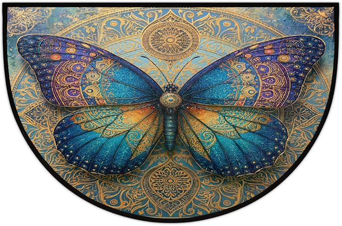 Butterfly Half Round Door Mat Semi Circle Rug Half Moon Doormat | Soft Washable Turquoise Gold Welcome Entrance Mat for Outdoor Indoor Floor Bedroom Bathroom Home Kitchen Festival Decor