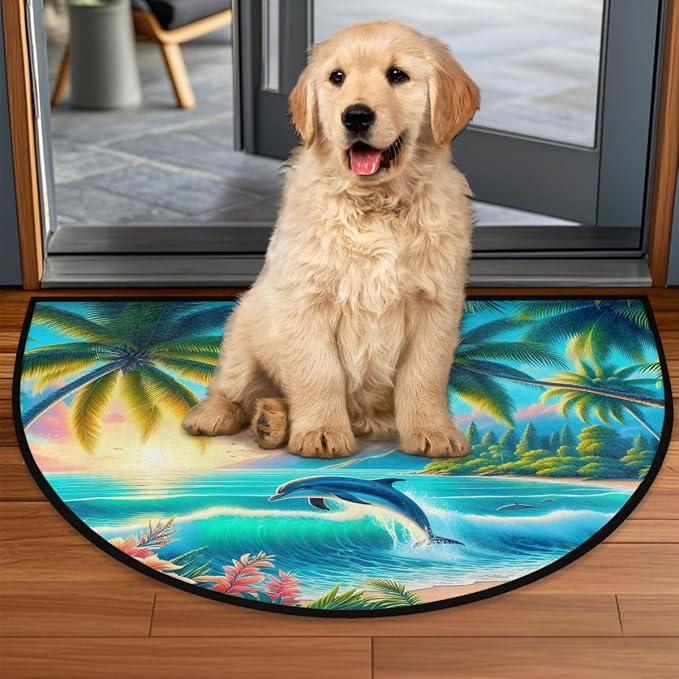 Palm Tree Half Round Door Mat Non Slip Half Circle Rugs | Art Summer Washable Half Moon Rug Semi Circle Rugs Indoor Entrance Floor Carpet for Kithen Bedroom Fireplace Decor