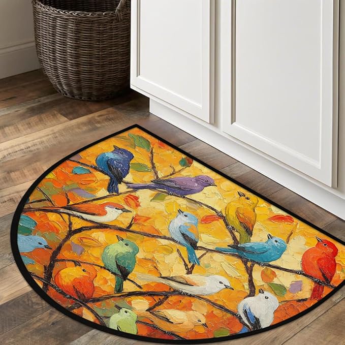 Pardick Half Round Door Mat Oil Painting Bird Anti-Slip Semi Circle Rug 24X36 Entrance Welcome Mats Indoor Outdoor Door Mat, Washable Decorative Floor Mats for Kitchen Bathroom Hearth Fireplace