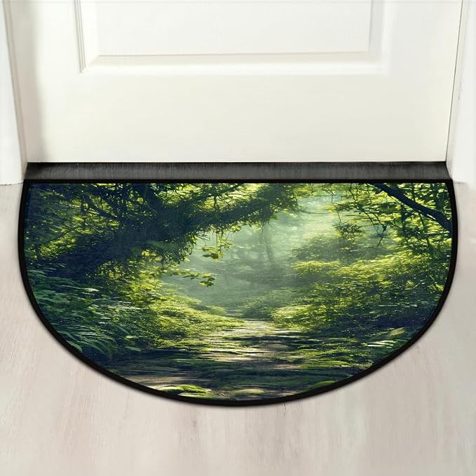 Forest Half Round Doormat Non-Slip Semi Circle Rug Half Moon Mat | Tree Green Leaf Washable Soft Absorbent Indoor Outdoor Entrance Kitchen Bathroom Sink Patio Welcome Fireplace Floor Rug