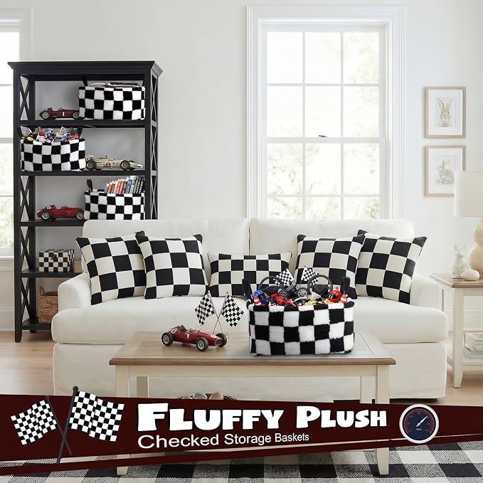 2 Pcs Black and White Checkered Storage Baskets 14x10 Inch Foldable Fabric Storage Bin with Handle Decorative Closet Bins Organizer for Home Office Laundry Countertop Tabletop Car