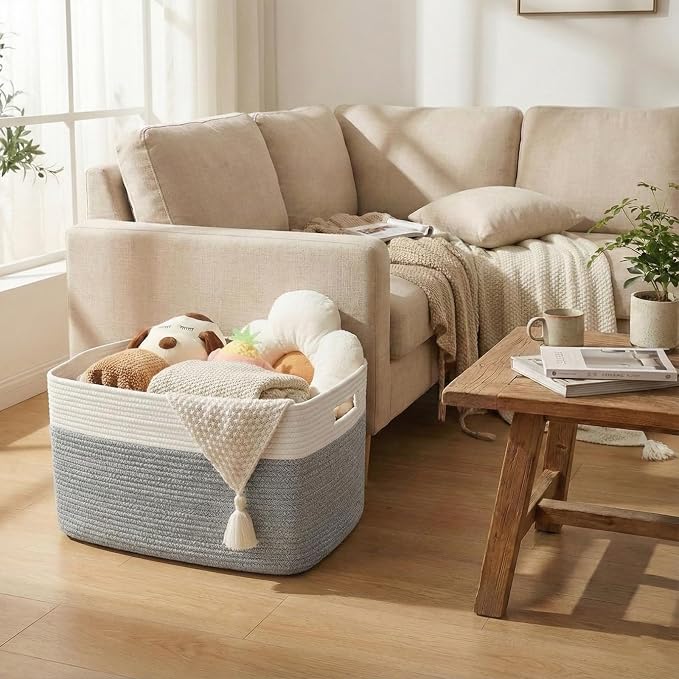 JMvicyroam 65L Large Woven Cotton Rope Blanket Basket, White&Grey | Blanket storage for living room or bedroom use, Freestanding with reinforced handles, Entire basket is machine washable