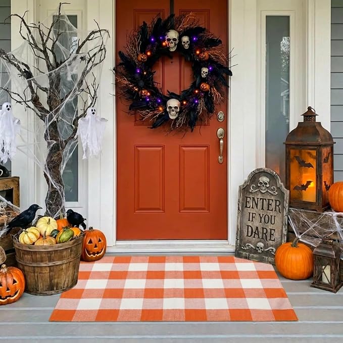 SEEKSEE Buffalo Plaid Outdoor Rug 27.5x43 Orange and White Front Door Mat, Layering Rug for Porch, Halloween Doormat, Front Porch Rug for Outdoor Entrance Entryway Patio Porch Decor
