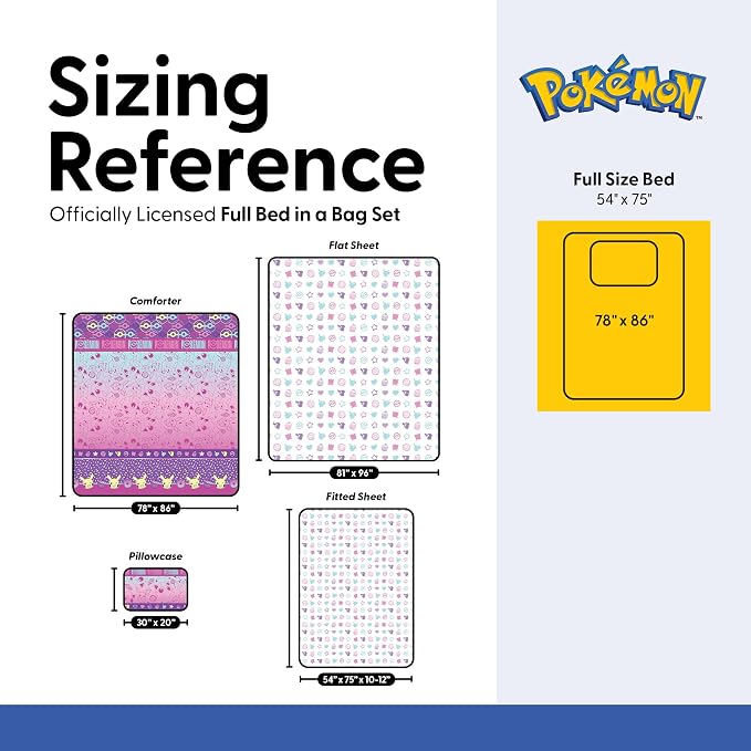 Northwest Pokemon Light and Sweet Full Size Bed in a Bag Set, Pikachu Eevee Jigglypuff, Kids Boys Girls Bedding Comforter Sheets