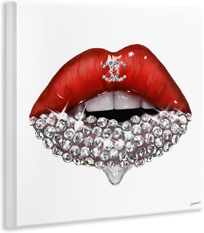 Stupell Industries Chic Red Lip Portrait Women's Fashion Stone Details Wall Art, 12x12, White