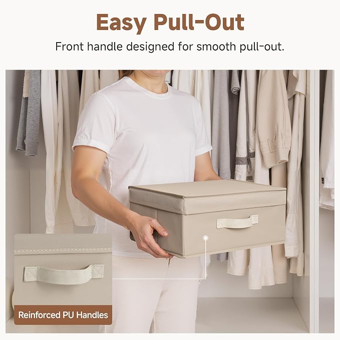 StorageWorks Storage Bins with Lid, Decorative Fabric Storage Bins with Handles, Stackable Closet Organizers for Shelves and Bedroom, Small, Light Brown, 2-Pack