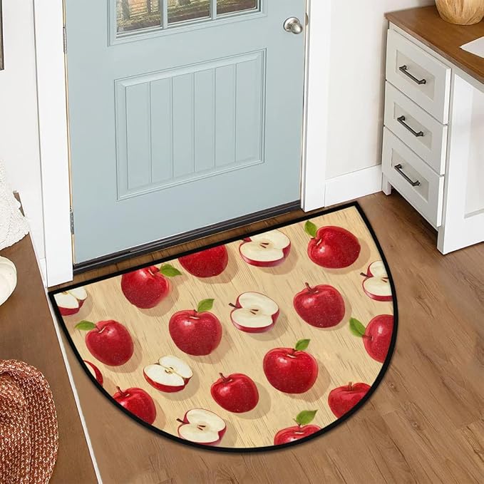 Pardick Half Round Door Mat Red Apples Anti-Slip Semi Circle Rug 24X36 Indoor Door Mat Half Moon Bath Mat, Washable Decorative Floor Mat for Kitchen Bathroom Hearth Fireplace