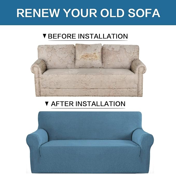 H.VERSAILTEX Stretch Slip Covers for Sofas/Couches Sofa Slipcovers for Living Room Couch Cover 3 Cushion Sofa Feature Thick Checked Jacquard Fabric with Elastic Bottom, Sofa Large - Dusty Blue