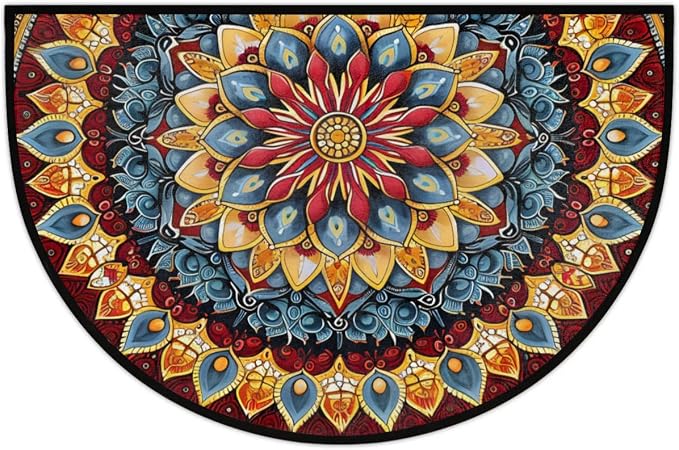 Mandala Red Half Round Door Mat Semi Moon Rug Fireplace Carpet Area Rugs | Mandala Red Non Slip Absorbent Half Circle Mat Carpet for Indoor Outdoor Patio Kitchen Bathroom Entryway Home Decor