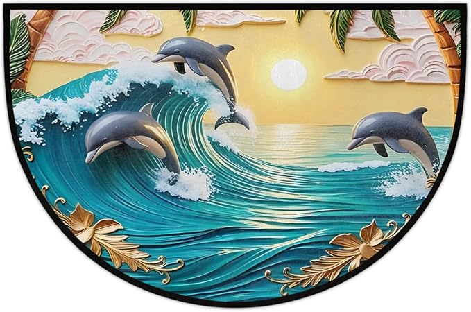 Dolphin Beach Sea Half Round Door Mat Non-Slip Semi Circle Rug Washable Half Moon Floor Rug Absorbent Bathroom Area Rugs for Outdoor Indoor Fireplace Mat Entryway Kitchen Decor Rugs