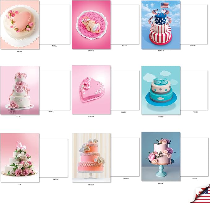 The Best Card Company - 36 Assorted Blank Notecards Bulk Box Set 4 x 5.12 Inch with Envelopes (36 Designs, 1 Each) Friendship Birthday Card Variety Pack - Cakes for All Seasons AM7074OCB-B1x36