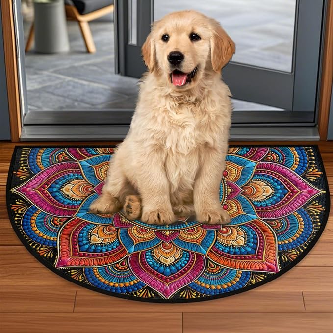 Flower Half Round Door Mat Semi Circle Rug Half Moon Doormat | Soft Washable Colorful Boho Welcome Entrance Mat for Outdoor Indoor Floor Bedroom Bathroom Home Kitchen Festival Decor