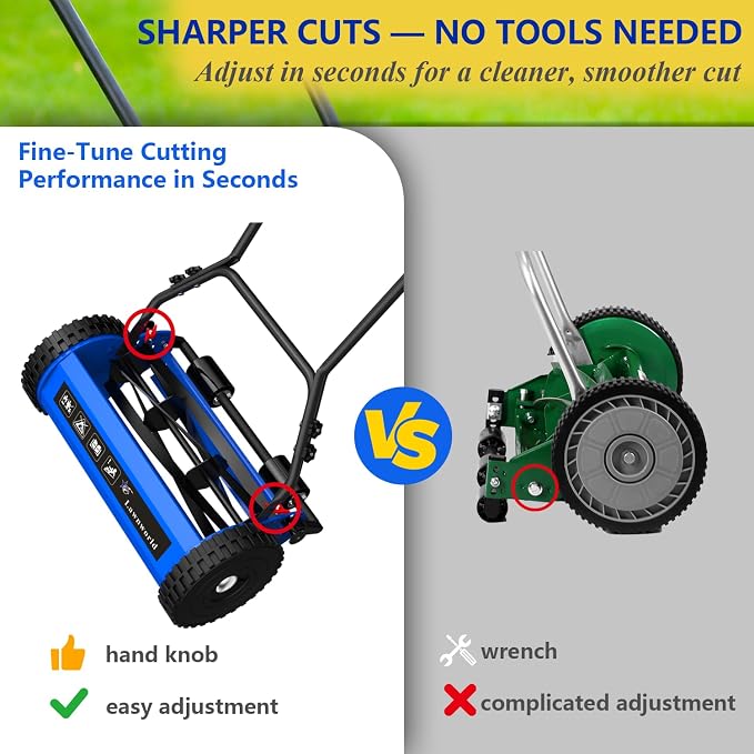 16-Inch Reel Lawn Mower with Tool-Free Blade Adjustment, 5-Blade Manual Push Lawn Mower, 5-Position Height Adjustable Hand Push Reel Mower