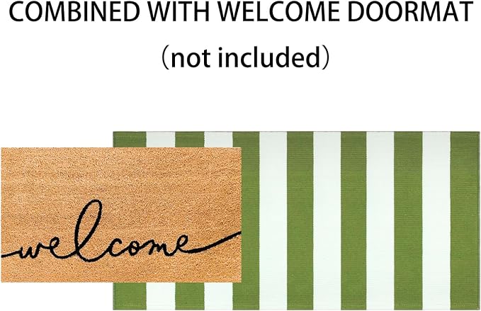 Front Porch Rug 24"x51",Green and White Striped Outdoor Rug Layered Doormat Cotton Woven Washable Indoor Outdoor Farmhouse Small Area Rug for Porch/Entryway/Home Entrance Decor