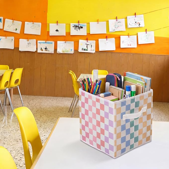 Bokon 11 Inch Colorful Checked Fabric Storage Cube Back to School Classroom Must Have Cube Storage Organizer with Handle Collapsible Cubby Basket Bin Gift for School Lockers Homeschool Office