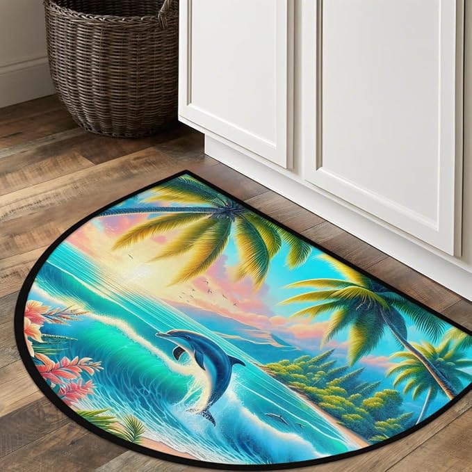 Palm Tree Half Round Rug Half Moon Door Mat Half Circle Rugs | Summer Animal Washable Non-Slip Semi Circle Rug Welcome Half Round Door Mat Indoor Entrance Kitchen Bedroom Living Room Decor