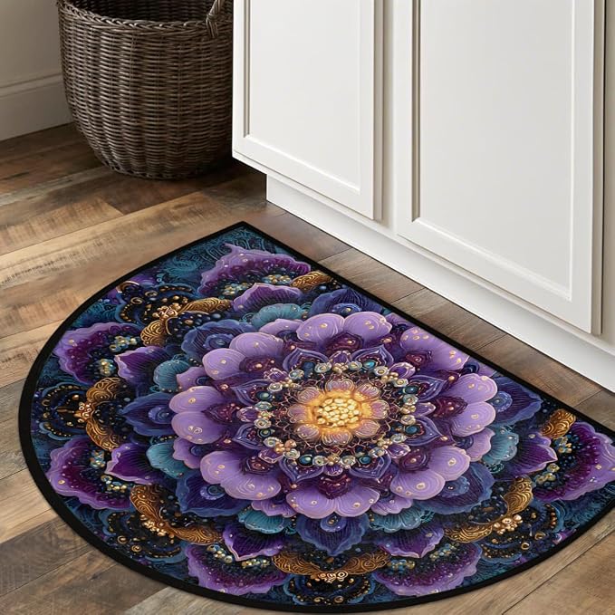Mandala Purple Galaxy Half Round Door Mat Non-Slip Semi Circle Rug Washable Half Moon Floor Rug Absorbent Bathroom Area Rugs for Outdoor Indoor Fireplace Mat Entryway Kitchen Decor Rugs