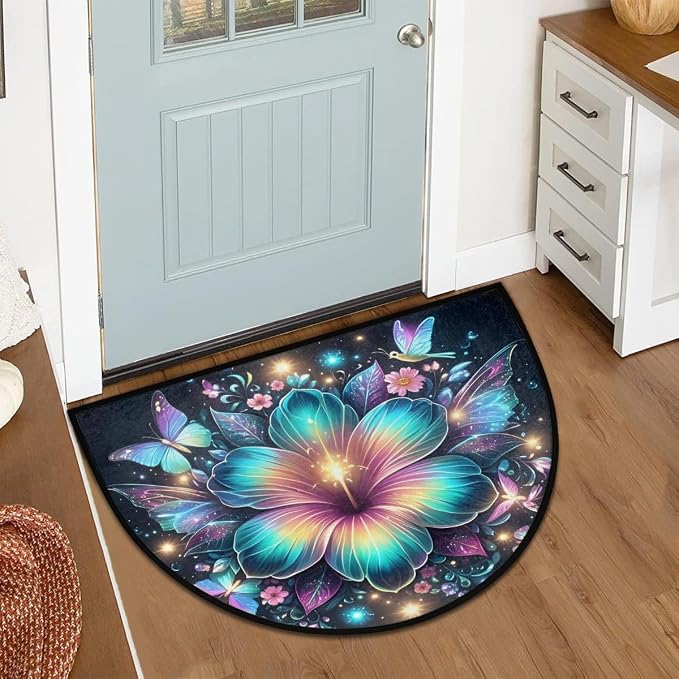 Flowers Half Round Door Mat Non-Slip Semi Circle Rug Half Moon Doormat | Blue Flowers Soft Washable Welcome Entrance Mat for Outdoor Indoor Floor Bedroom Bathroom Home Kitchen Festival Decor