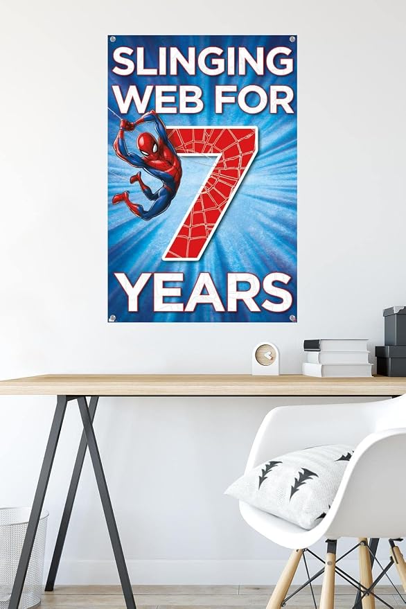 Trends International Marvel Spider-Man - Happy 7th Birthday Wall Poster, 22.37" x 34.00", Premium Poster & Push Pin Bundle