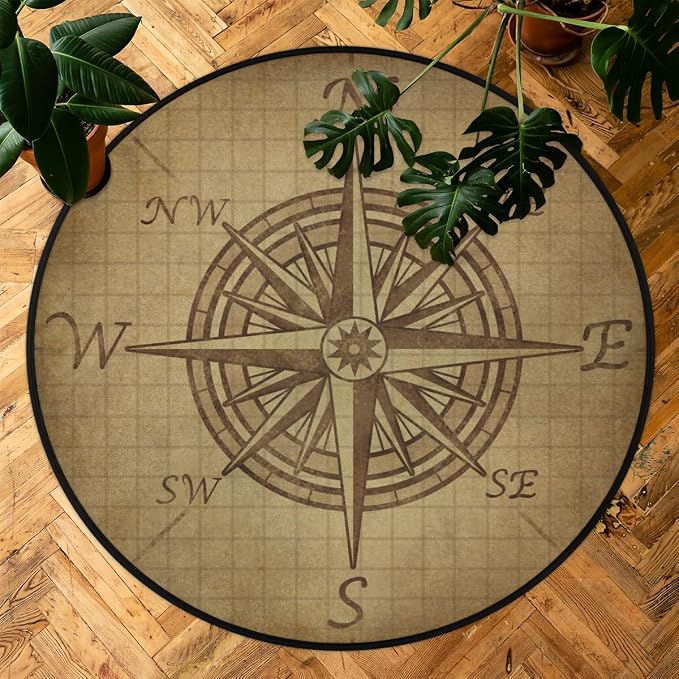 Compass Rose Retro Round Area Rug, Vintage Pattern Non-Slip Circle Rug for Bedroom Living Room Outdoor Study Playing Floor Mat Carpet, 3' Diameter