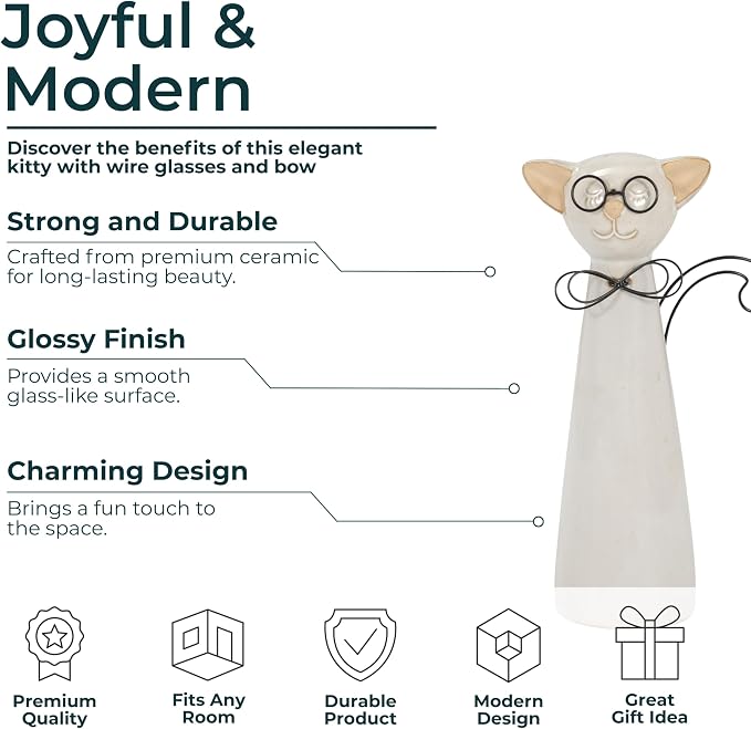 Decorative Ceramic Cat with Glasses Figurine for Home Decor - Ornaments Accent for Bathroom, Office Desk, and Shelf Display - Statue for Living Room and Coffee Table Styling - 8", White