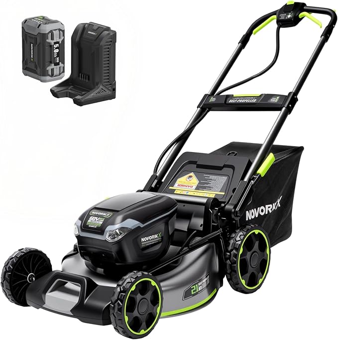 NovorikX 60V 5Ah Self-Propelled Electric Cordless Lawn Mower with 5.0Ah Battery 21-Inch, Brushless Mower for Large Yards, LED Headlight, Rapid Charger 3-in-1 Versatility Obsidian Series