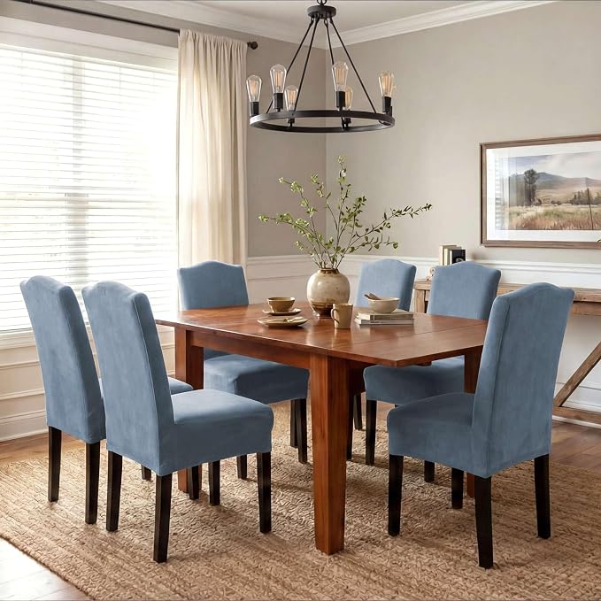 H.VERSAILTEX Velvet Dining Chair Covers Stretch Chair Covers for Dining Room Set of 6 Parson Chair Slipcovers Chair Protectors Covers Dining, Soft Thick Solid Velvet Fabric Washable, Stone Blue