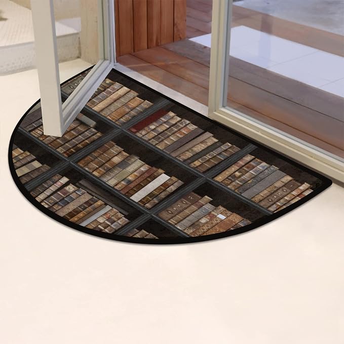 Book Shelf Half Round Doormat Semi Circle Rug Half Moon Rug Entryway Mat | Book Shelf Vintage Washable Non Slip Outdoor Floor Rug Kitchen Mat for Indoor Outdoor Bathroom Fireplace Bath Decor