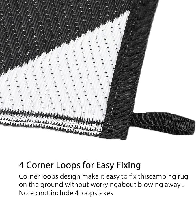 GarveeLife 9x18 Outdoor Rug for Patio Reversible, Plastic Straw Rug Waterproof Camping Rug Portable, Foldable Lightweight Mat for RV, Patio, Backyard, Deck, Picnic, Beach, Balcony (Black/White)