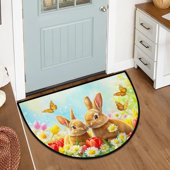 cfpolar Spring Easter Bunny Flower Half Round Door Mat Indoor Entrance Half Circle Area Rug Semi Circular Door Mat Half Moon Rug for Floor Bathroom Living Room Bedroom Kitchen Fireplace 24"x36",A-06