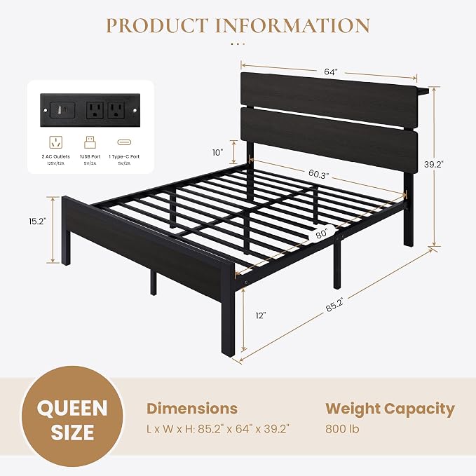 SHA CERLIN Queen Size Bed Frame, Led Light, Charging Station, Storage Shelf | Wooden Headboard, Heavy Duty Slats Support, Metal Platform Bed, Under Bed Storage, No Box Spring Needed, Noise Free, Black