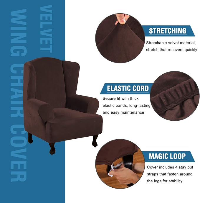 H.VERSAILTEX Wingback Chair Covers Velvet Plush Wing Chair Slipcover 1 Piece High Stretch Wing Back Chair Slipcovers Sofa Cover Furniture Cover with Elastic Bottom, Brown