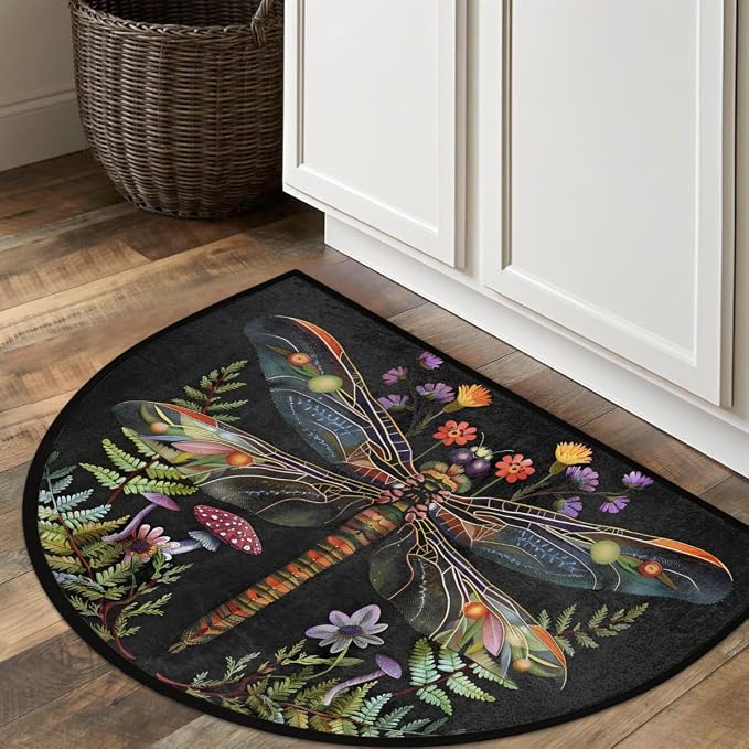 Dragonfly Half Round Doormat Semi Circle Rug Half Moon Rug Entryway Mat | Animal Dragonfly Washable Non Slip Outdoor Floor Rug Kitchen Mat for Indoor Outdoor Bathroom Fireplace Bath Decor