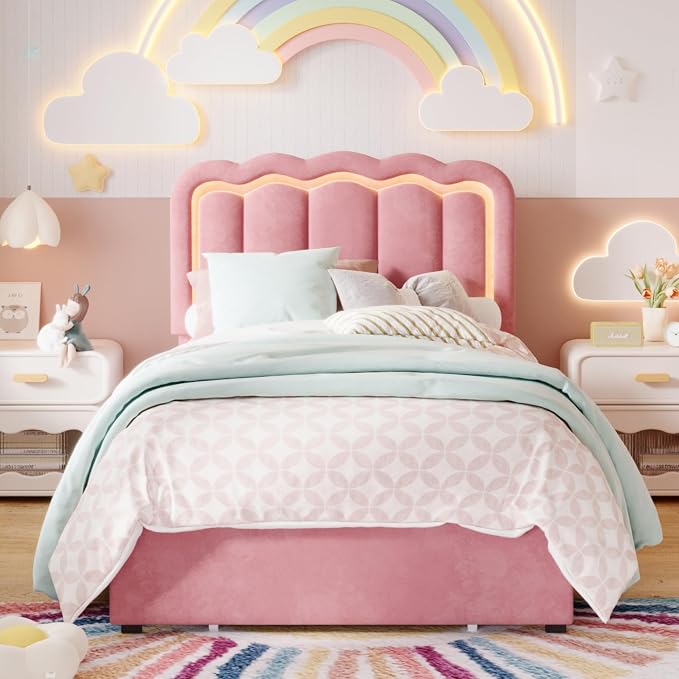 SHA CERLIN Twin Size Bed Frame with LED Lights and Storage Drawer, Pink | Upholstered Velvet Platform Bed with Adjuatable Wavy Headboard, Noise-Free, Easy Assembly,No Box Spring Needed
