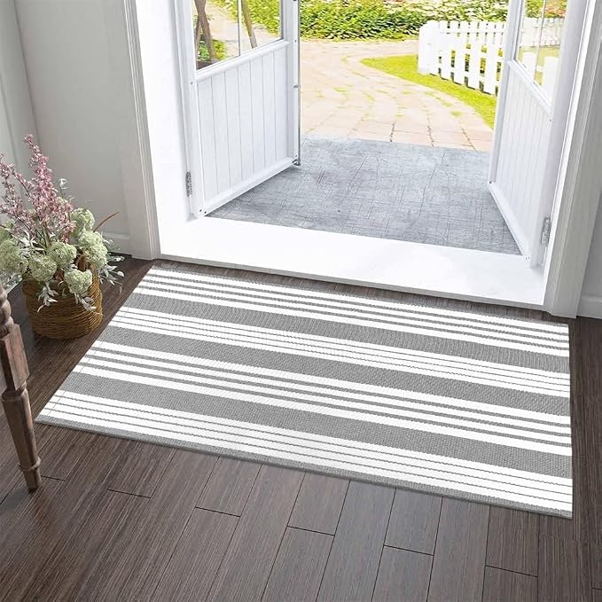 OJIA Front Door Rug 24"x51" Gray and White Striped Outdoor Rug Porch Decor | Machine Washable Porch Rug Front Door Mat Outdoor Indoor Area Rugs Cotton Woven Entry Mat for Home Entrance/Farmhouse Decor