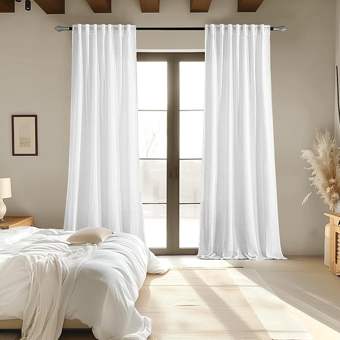 MIULEE White Linen Curtains 72 Inch Long 2 Panels for Bedroom Living Room, Soft Thick Linen Textured Back Tab Window Drapes Semi Sheer Light Filtering Rod Pocket Modern Farmhouse Decor