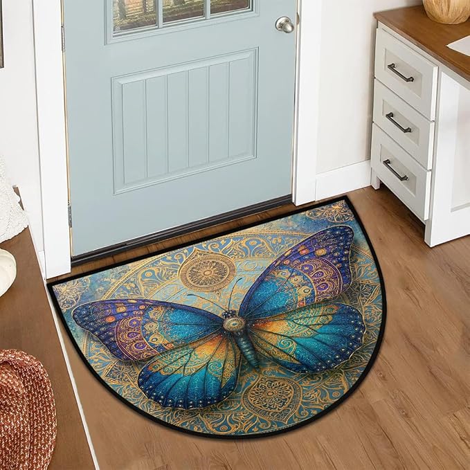 Butterfly Half Round Door Mat Semi Circle Rug Half Moon Doormat | Soft Washable Turquoise Gold Welcome Entrance Mat for Outdoor Indoor Floor Bedroom Bathroom Home Kitchen Festival Decor