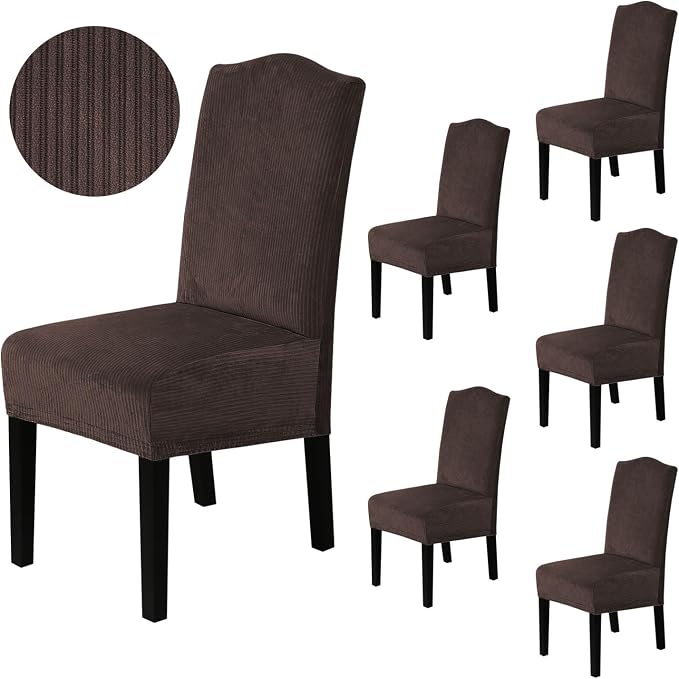 H.VERSAILTEX Velvet Dining Chair Covers Stretch Chair Covers for Dining Room Set of 6 Parson Chair Slipcovers Chair Protectors Covers Dining, Soft Thick Solid Velvet Fabric Washable, Brown Striped