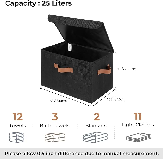 GRANNY SAYS Storage Bins with Lids, Decorative Storage Boxes with PU Handles, Black Storage Bin, Linen Closet Organizer, Shelf Baskets, Fabric Storage Bins for Clothes