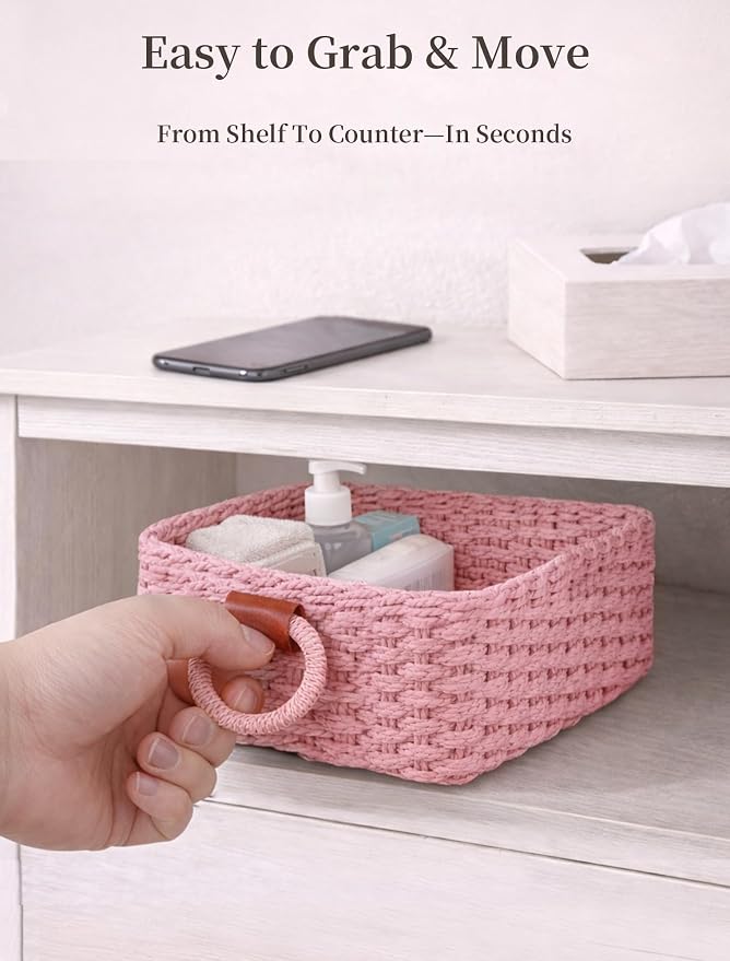 Small Wicker Baskets, 3 PCS Paper Rope Baskets for Shelves, Pink | Recycled Small Baskets, 3 Sizes Woven Baskets for Organizing, Decorative Storage Baskets for Bedroom and Bathroom