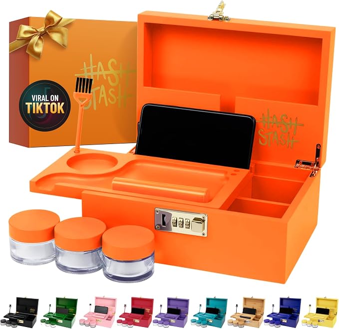 HASHSTASH The OG Storage Box - Large Bamboo Box with Combination Lock, Magnetic Lid, Organizer Tray, Airtight Tube and 3 Jars - Discreet Decorative Locking Wooden Box with Accessories (Neon Orange)