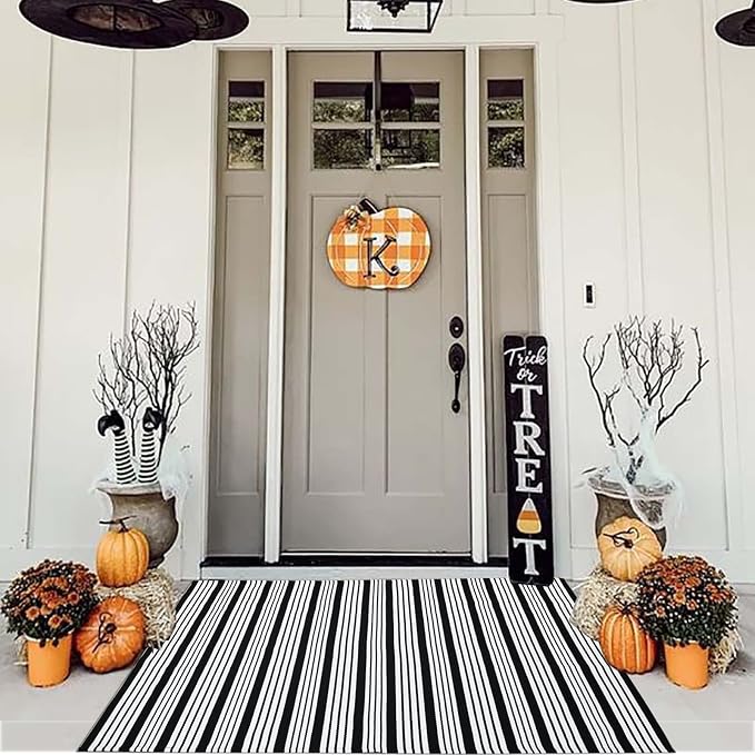 Black and White Striped Outdoor Rug Front Porch Rug 35.4'' x 59'' Front Door Mat Cotton Hand-Woven Reversible Mats for Outdoor,Entryway,Laundry Room,Farmhouse,Kitchen