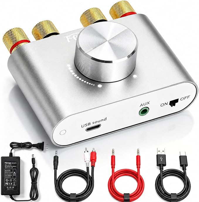 Facmogu F900S Bluetooth 5.0 Mini Power Amplifier, 80Wx2 Stereo Digital Amp | 160W 2.0CH | Hi-Fi Wireless Audio Receiver | AUX/USB/BT Input | Included 12V Power Adapter | For Passive Speakers | Silver